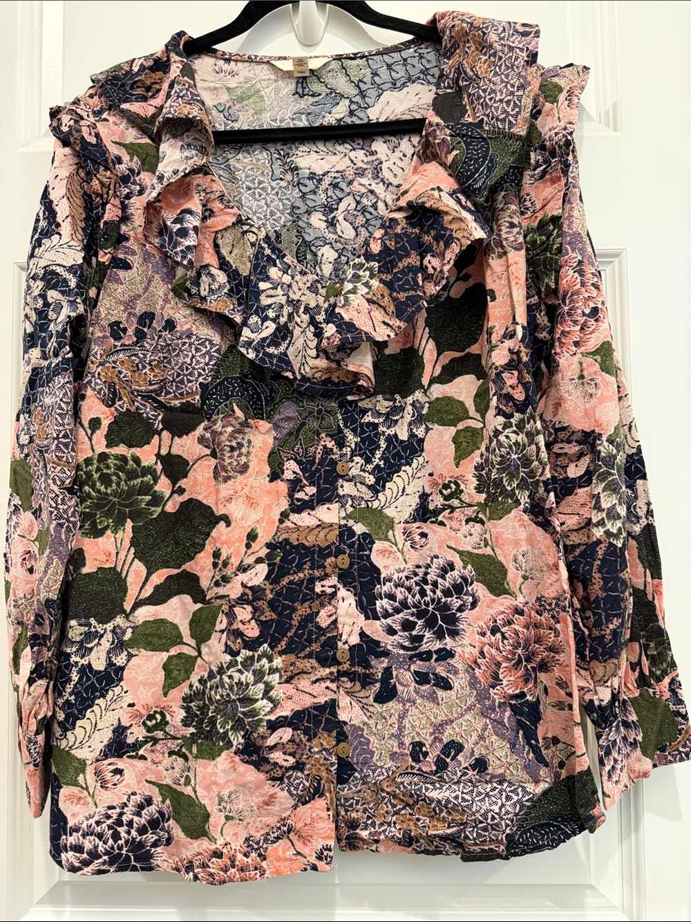 Terra & Sky Pink, Navy and Green Floral Ruffle Button-Down Top